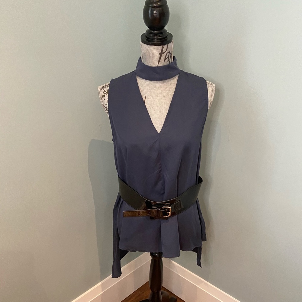 NEW do & be Blue/Grey Collared Sleeveless Blouse, S